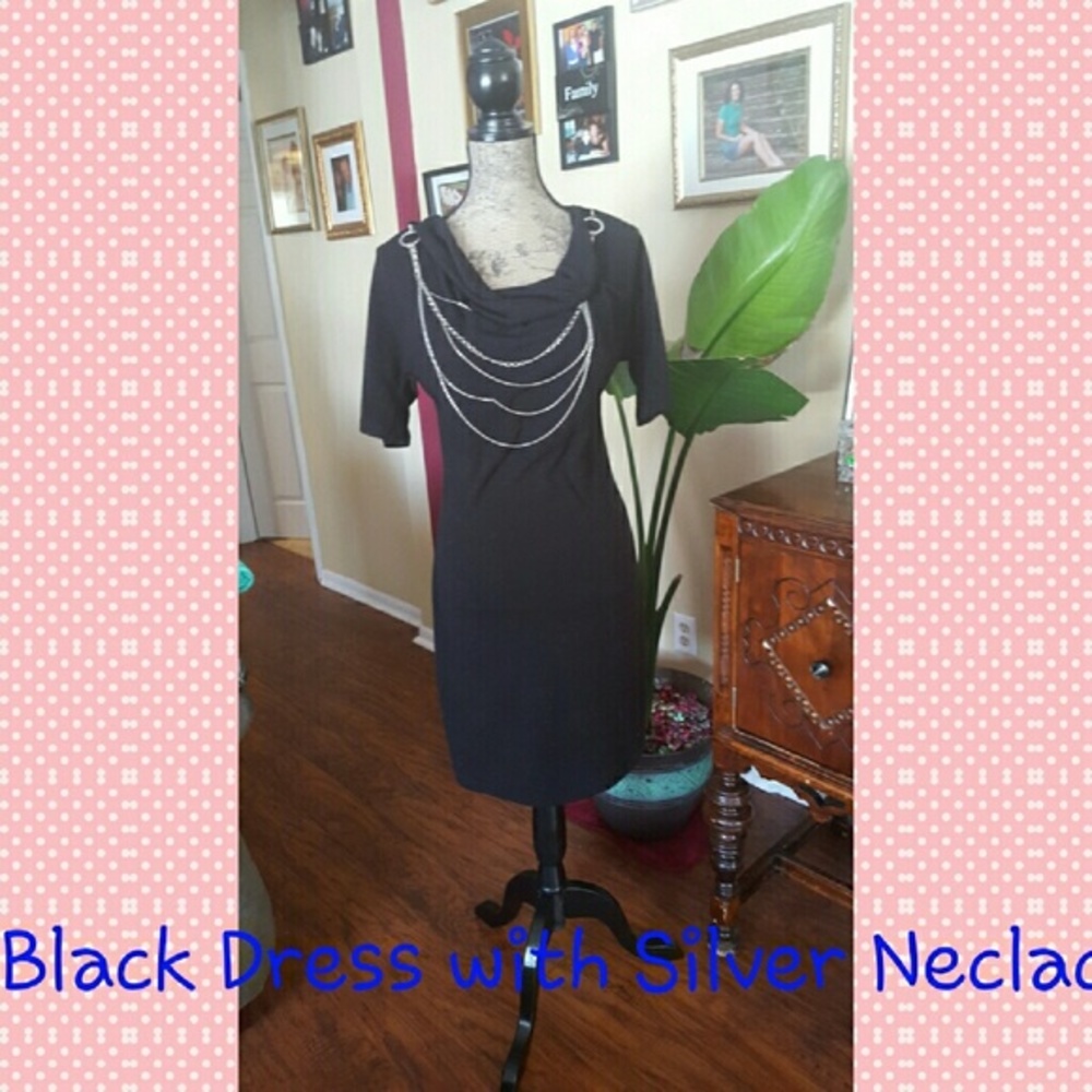 SALE Black Dress with attached silver Neclace